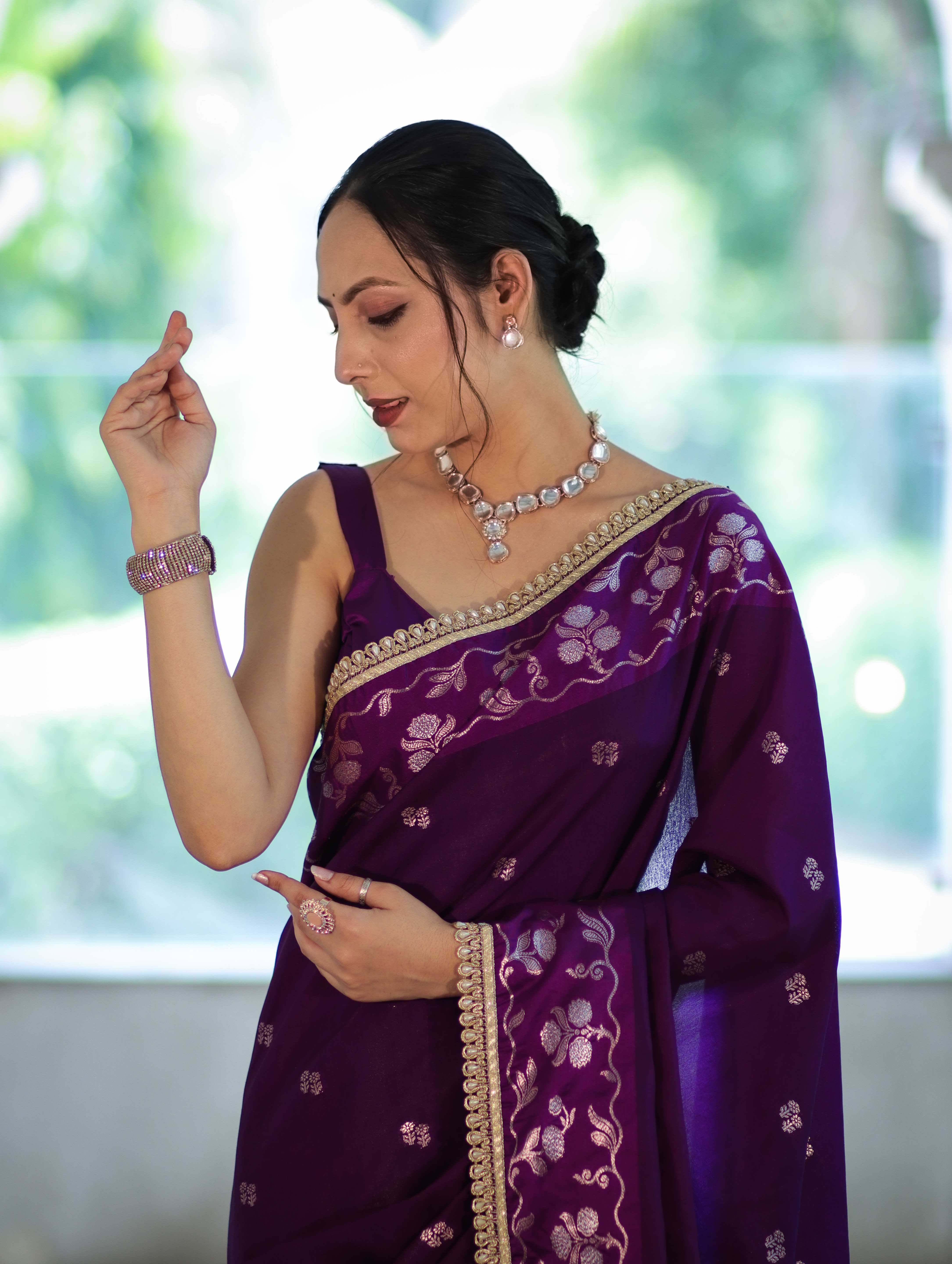 Banarasee Handloom Semi Silk Saree With Buti Design Zari Border & Lace-Violet