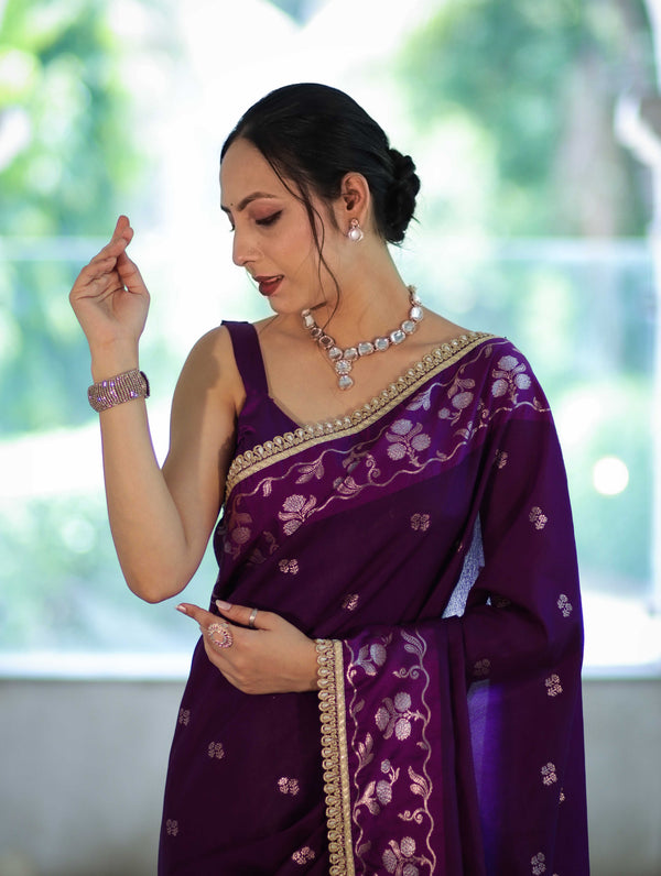 Banarasee Handloom Semi Silk Saree With Buti Design Zari Border & Lace-Violet