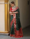 Banarasee Handwoven Semi Muga Zari Saree With Contrast Border & Lace-Green & Red