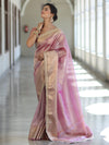 Banarasee Handwoven Plain Tissue Saree With Zari Border & Lace-Light Pink