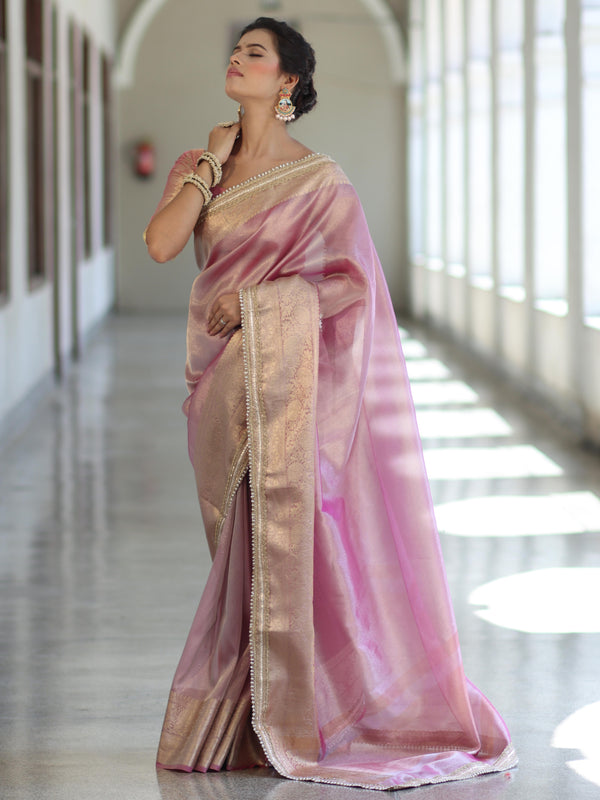 Banarasee Handwoven Plain Tissue Saree With Zari Border & Lace-Light Pink