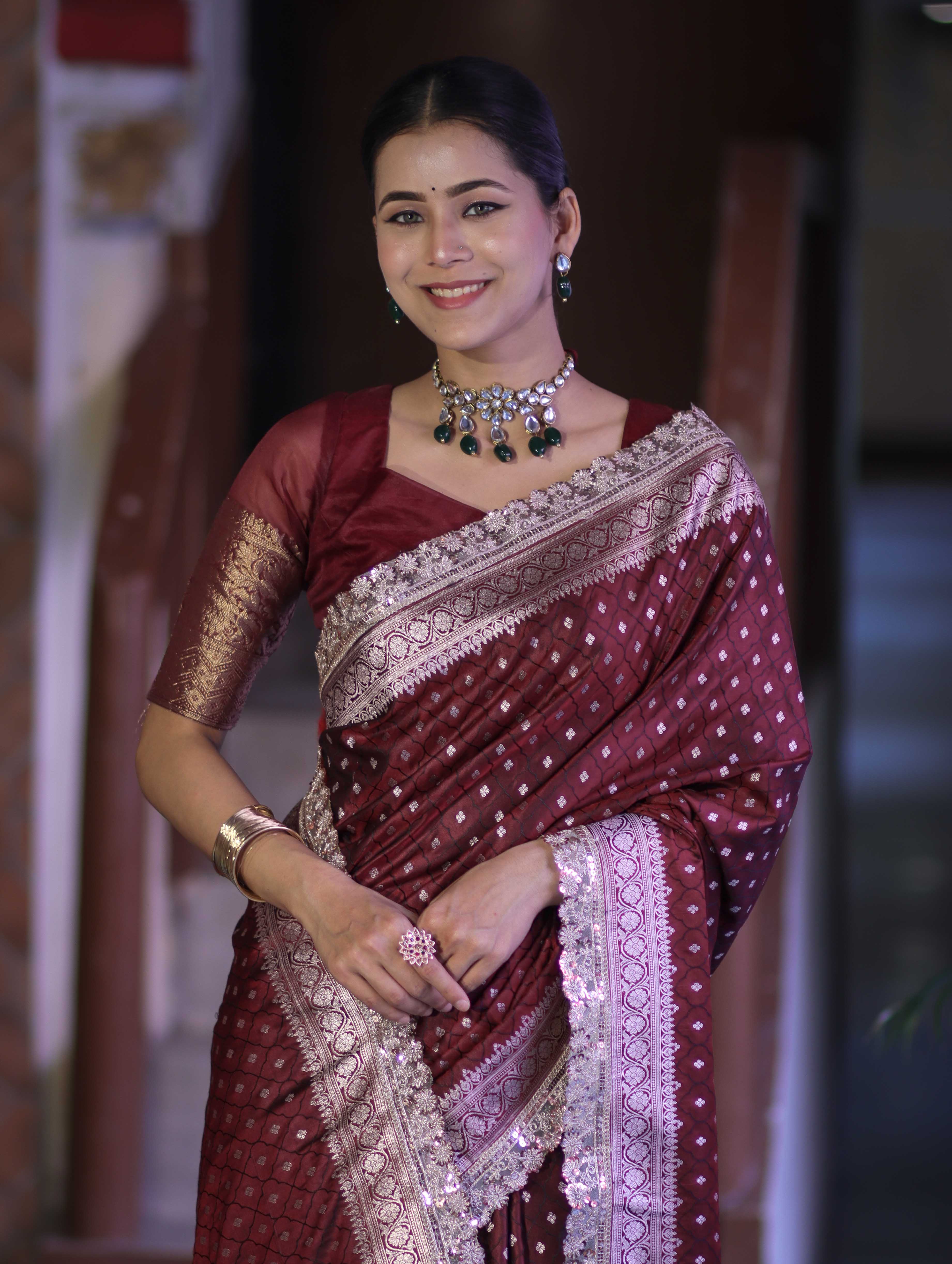 Banarasee Handloom Mashru Silk Saree With Zari Buti Design & Lace Border-Burgundy