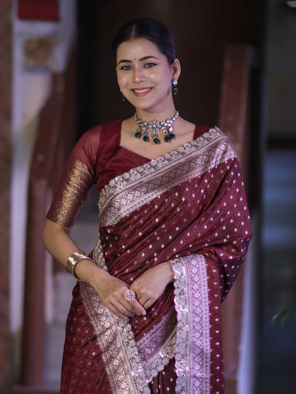 Banarasee Handloom Mashru Silk Saree With Zari Buti Design & Lace Border-Burgundy