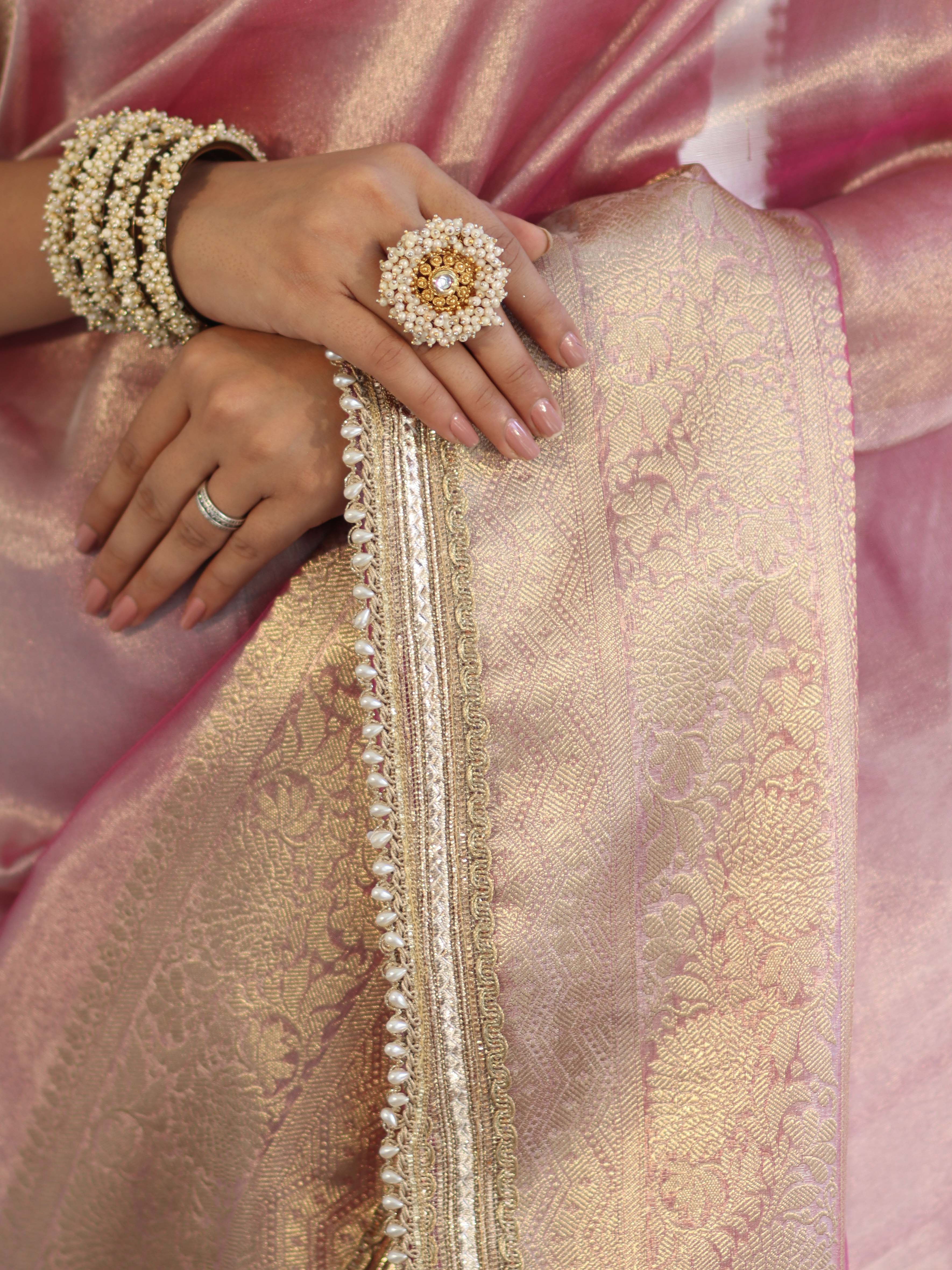 Banarasee Handwoven Plain Tissue Saree With Zari Border & Lace-Light Pink