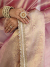 Banarasee Handwoven Plain Tissue Saree With Zari Border & Lace-Light Pink