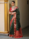 Banarasee Handwoven Semi Muga Zari Saree With Contrast Border & Lace-Green & Red