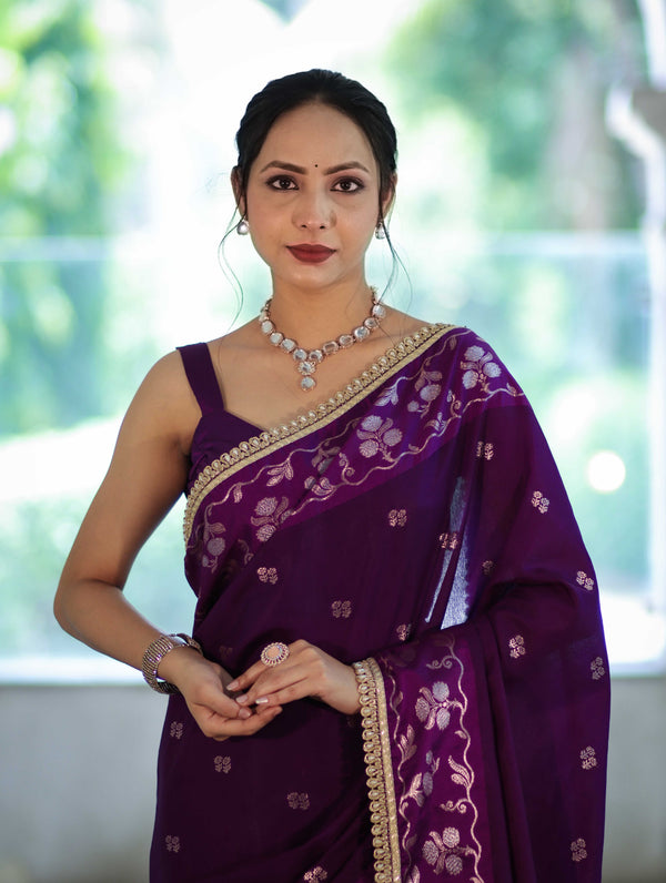 Banarasee Handloom Semi Silk Saree With Buti Design Zari Border & Lace-Violet