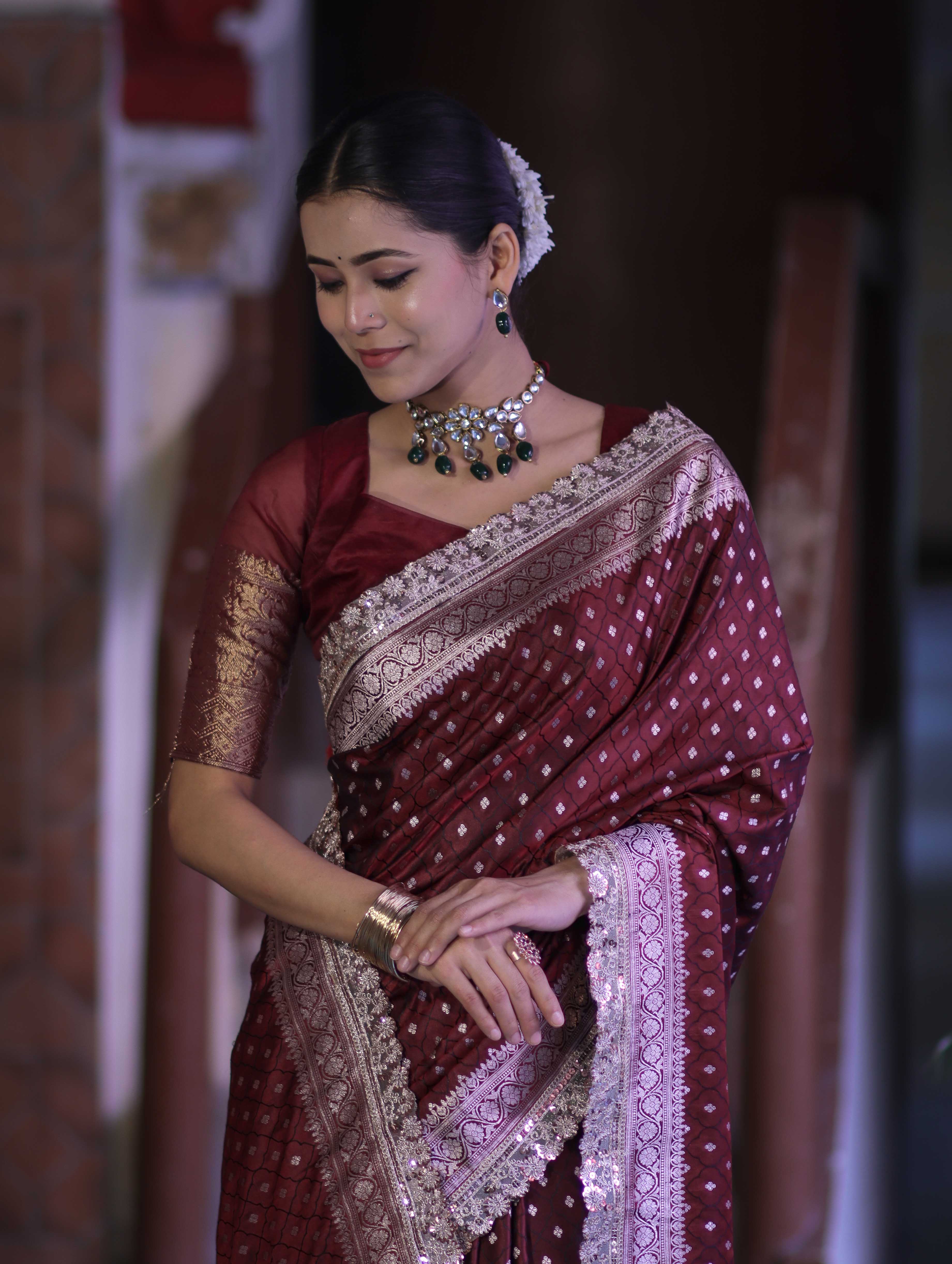 Banarasee Handloom Mashru Silk Saree With Zari Buti Design & Lace Border-Burgundy