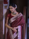 Banarasee Handloom Mashru Silk Saree With Zari Buti Design & Lace Border-Burgundy