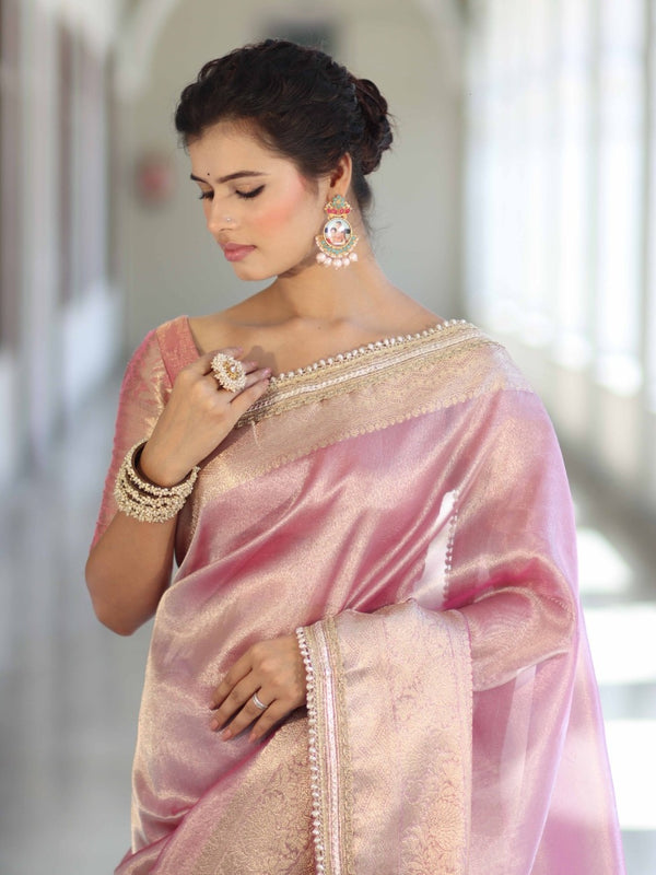 Banarasee Handwoven Plain Tissue Saree With Zari Border & Lace-Light Pink