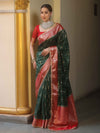 Banarasee Handwoven Semi Muga Zari Saree With Contrast Border & Lace-Green & Red