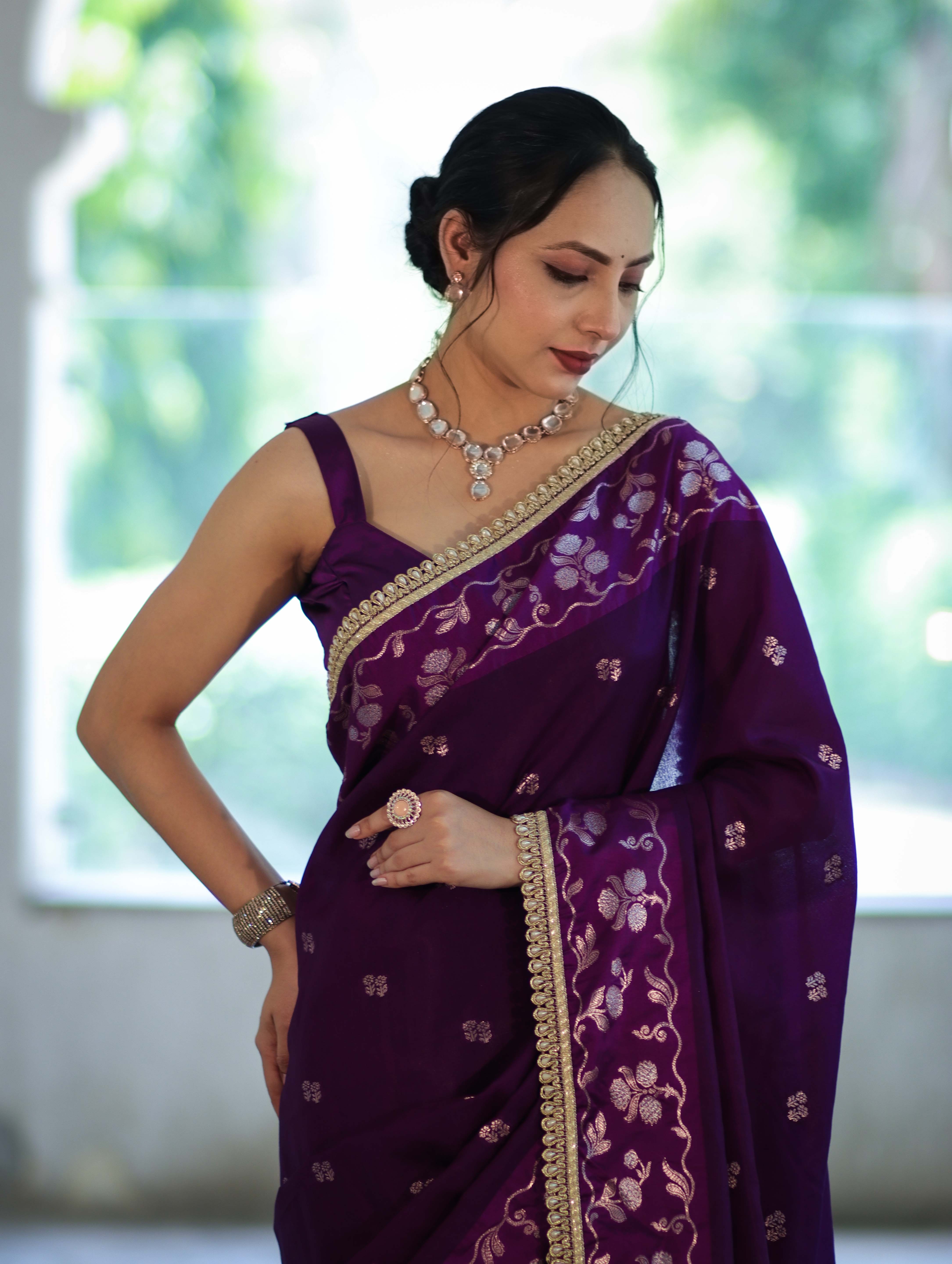 Banarasee Handloom Semi Silk Saree With Buti Design Zari Border & Lace-Violet