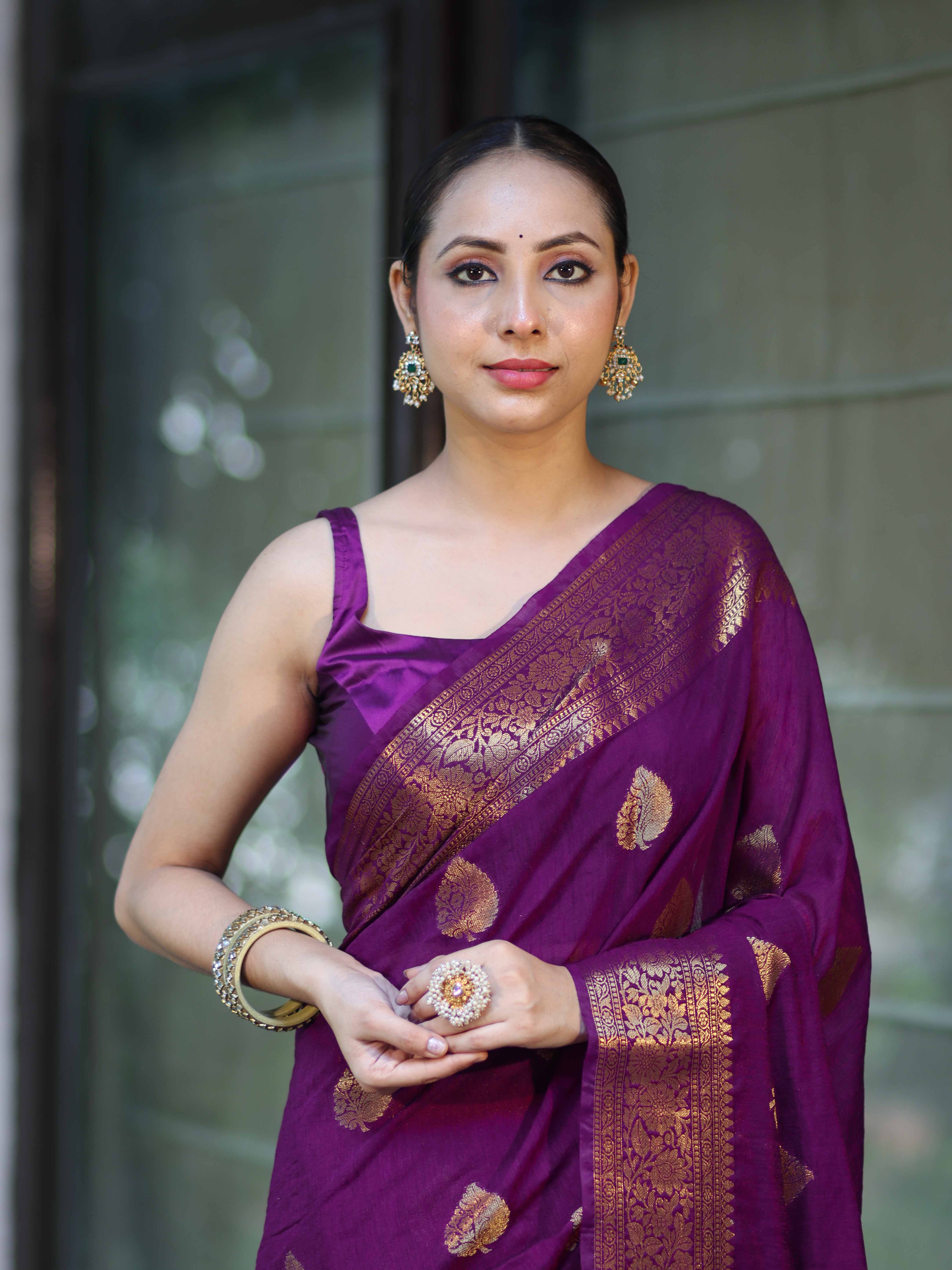 Banarasee Handloom Cotton Silk Saree With Antique Zari Buta Work & Border-Purple