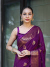 Banarasee Handloom Cotton Silk Saree With Antique Zari Buta Work & Border-Purple