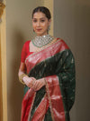 Banarasee Handwoven Semi Muga Zari Saree With Contrast Border & Lace-Green & Red