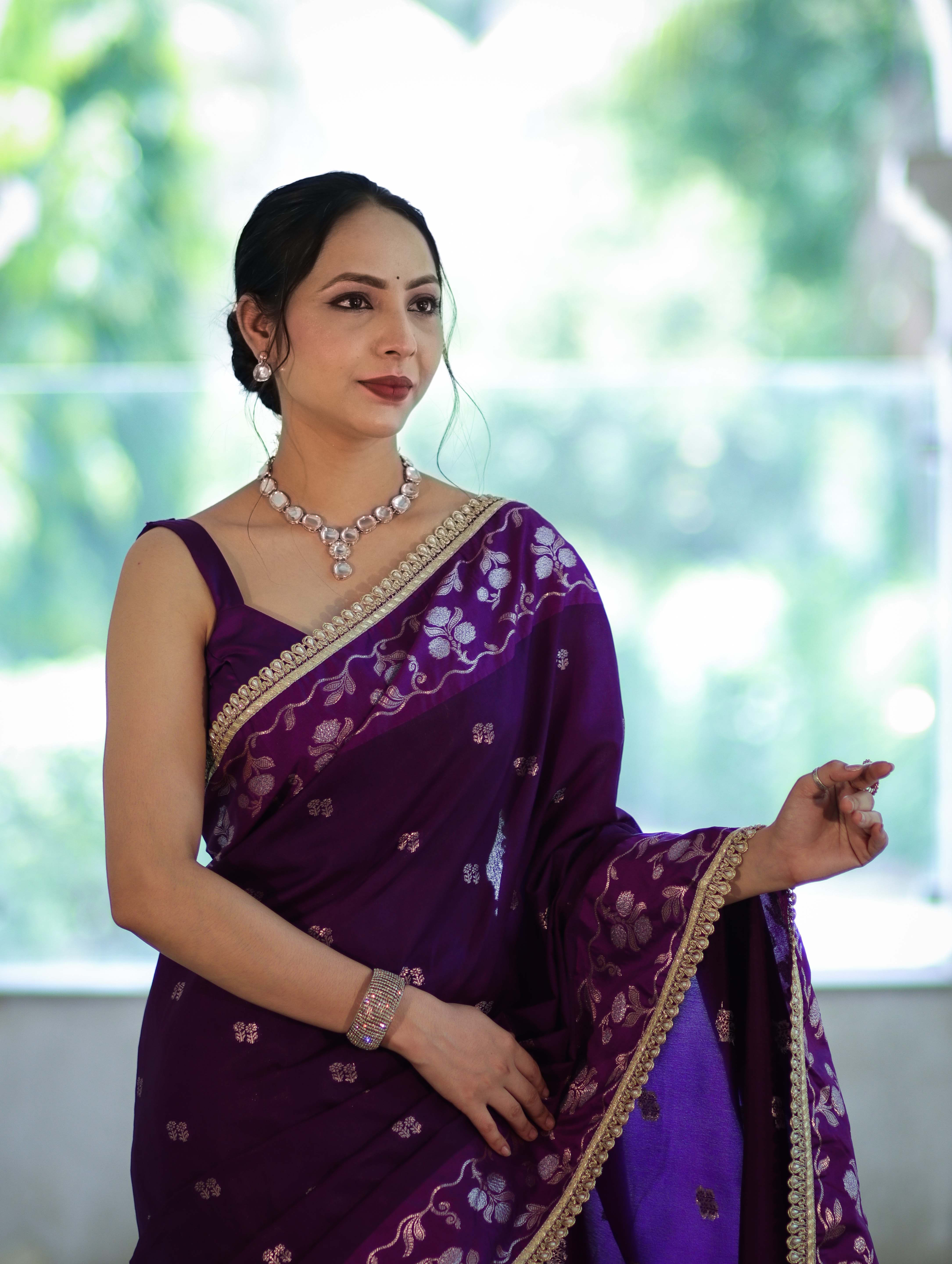 Banarasee Handloom Semi Silk Saree With Buti Design Zari Border & Lace-Violet