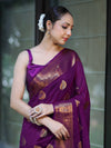 Banarasee Handloom Cotton Silk Saree With Antique Zari Buta Work & Border-Purple