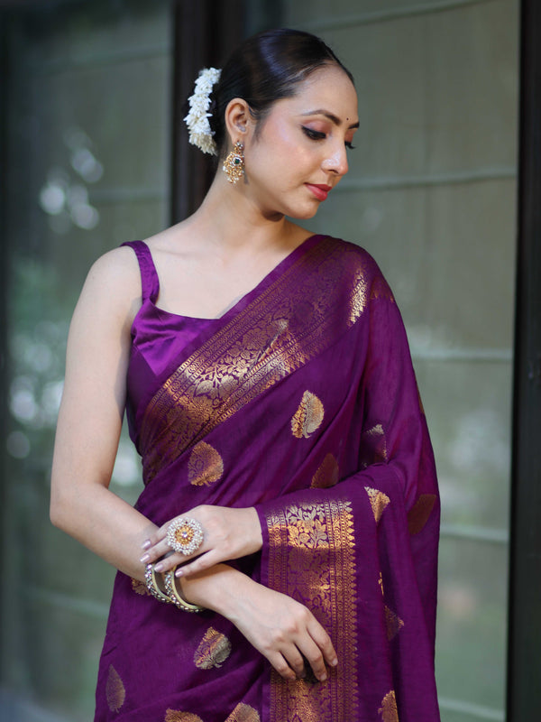 Banarasee Handloom Cotton Silk Saree With Antique Zari Buta Work & Border-Purple