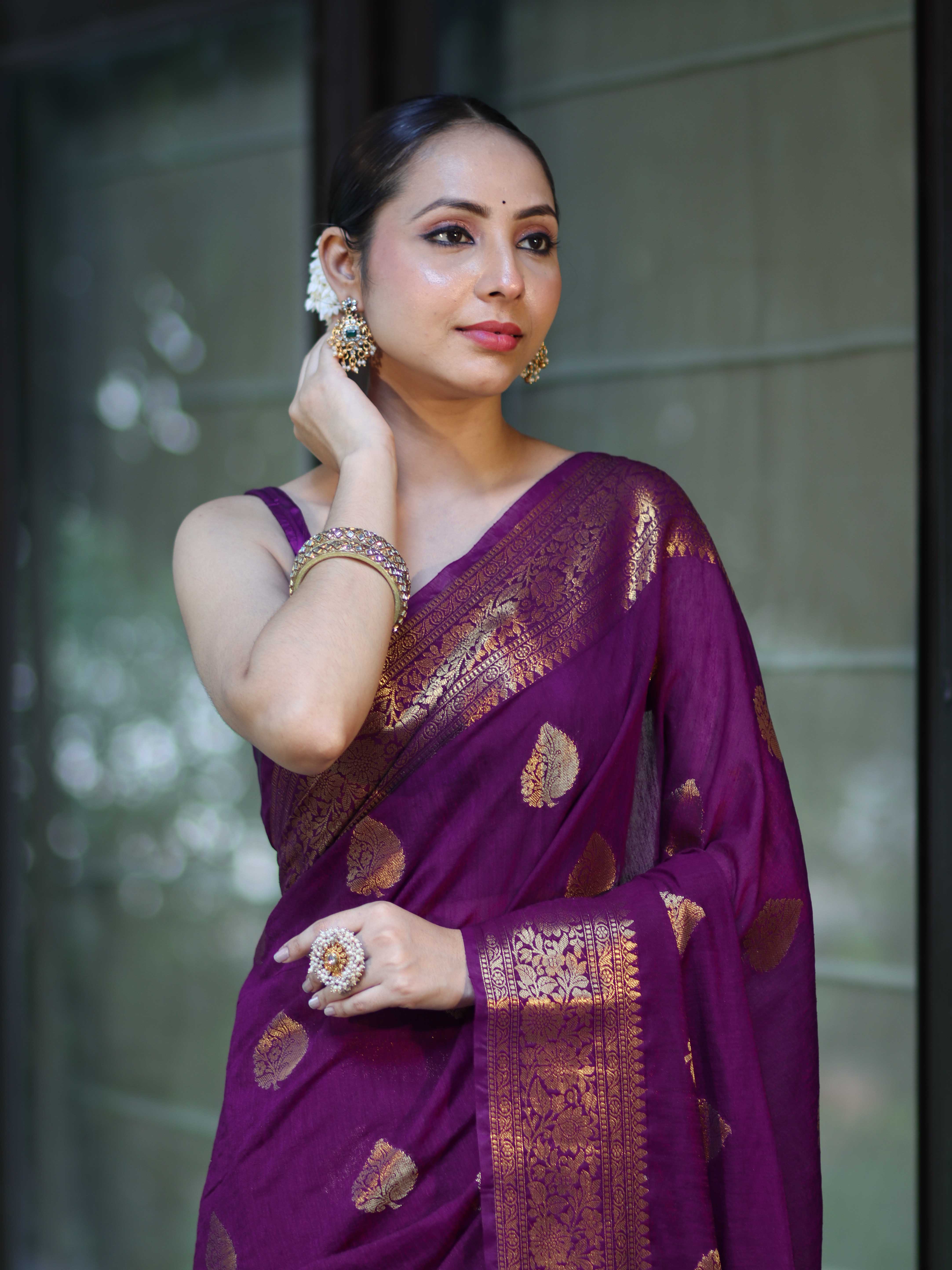 Banarasee Handloom Cotton Silk Saree With Antique Zari Buta Work & Border-Purple
