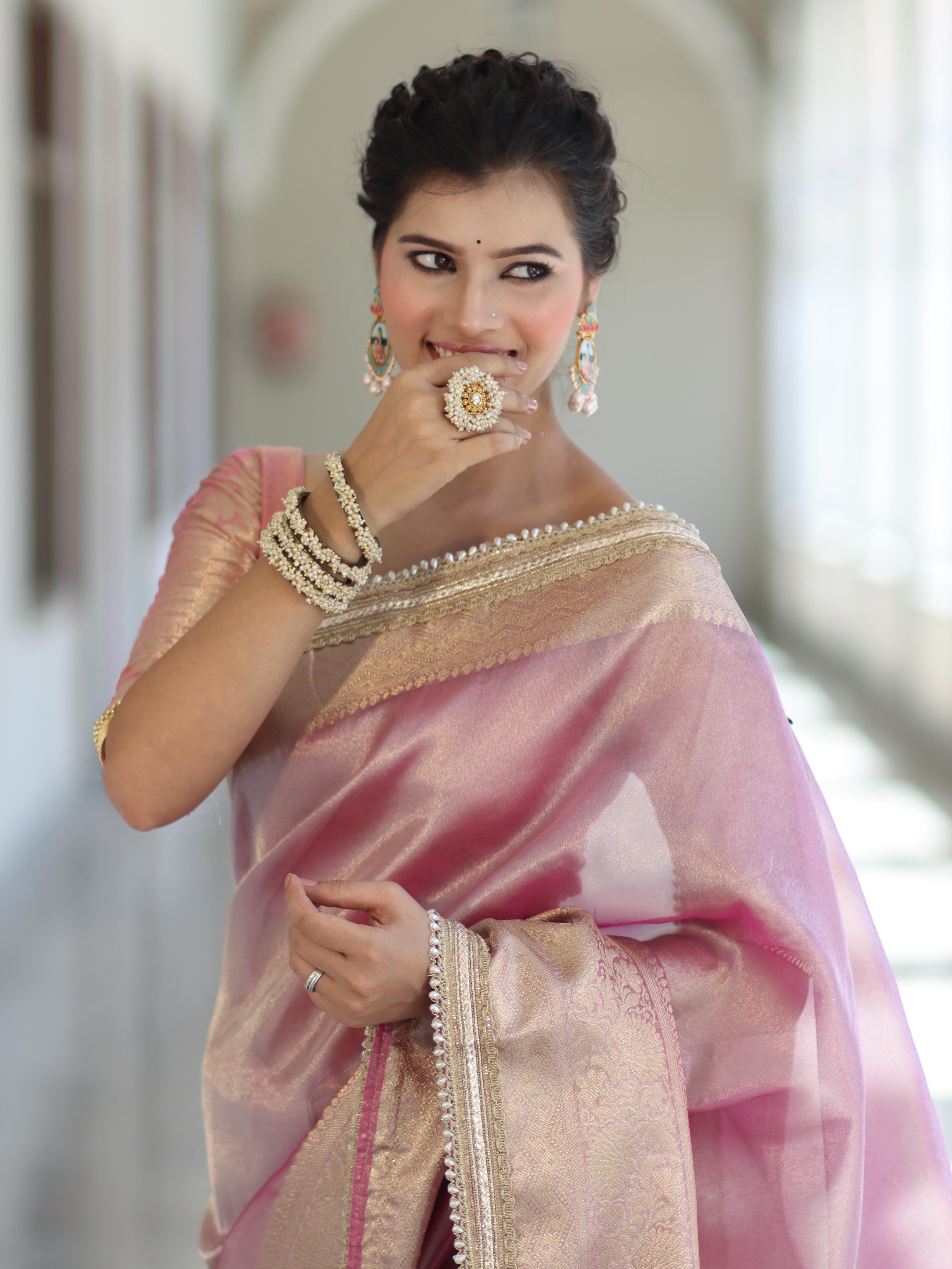 Banarasee Handwoven Plain Tissue Saree With Zari Border & Lace-Light Pink