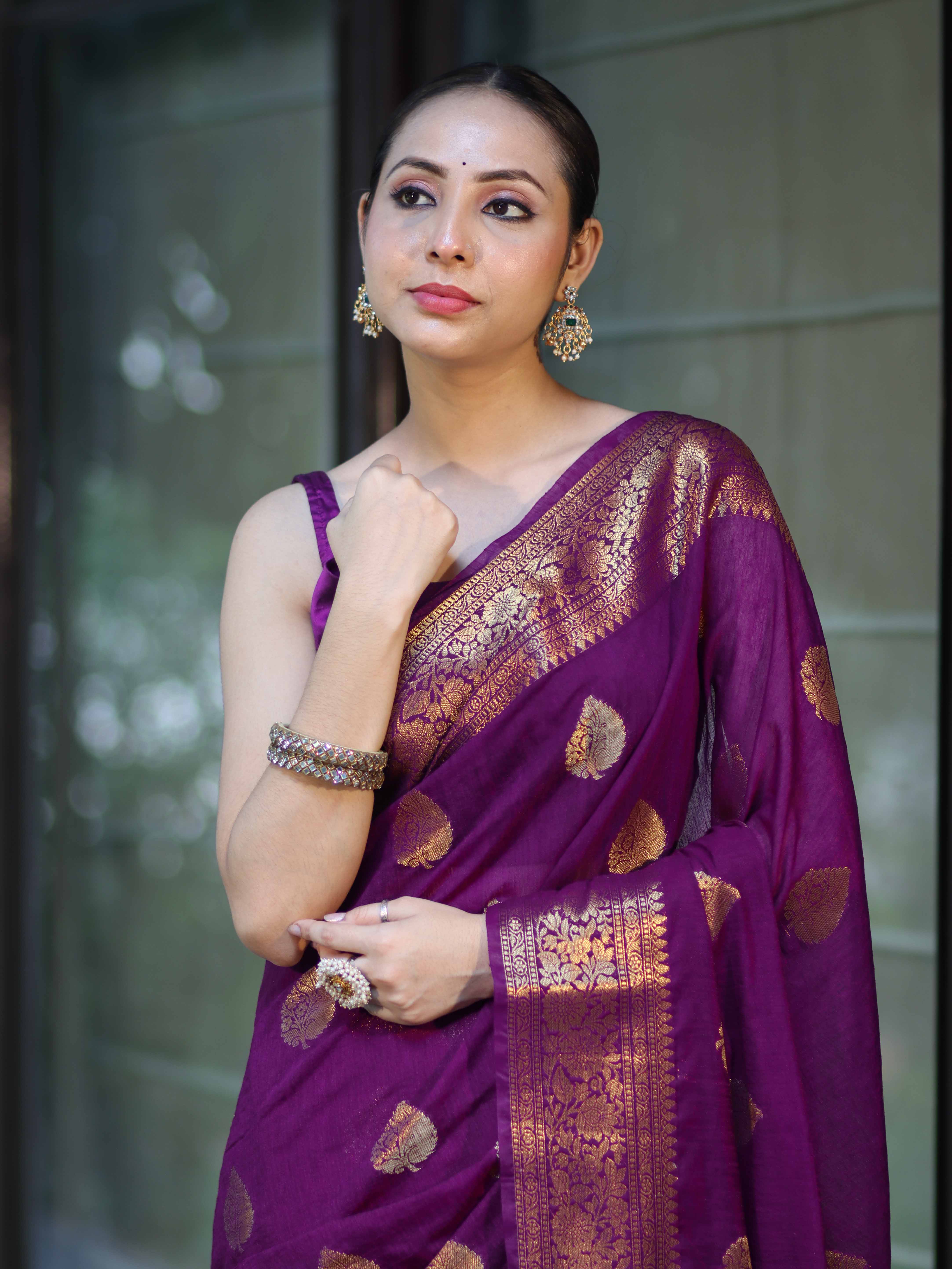 Banarasee Handloom Cotton Silk Saree With Antique Zari Buta Work & Border-Purple