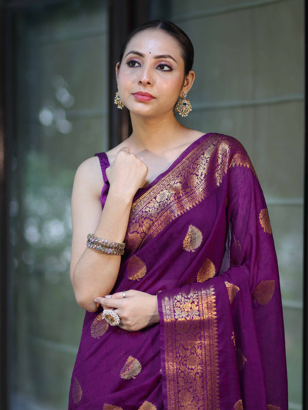 Banarasee Handloom Cotton Silk Saree With Antique Zari Buta Work & Border-Purple
