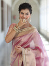 Banarasee Handwoven Plain Tissue Saree With Zari Border & Lace-Light Pink