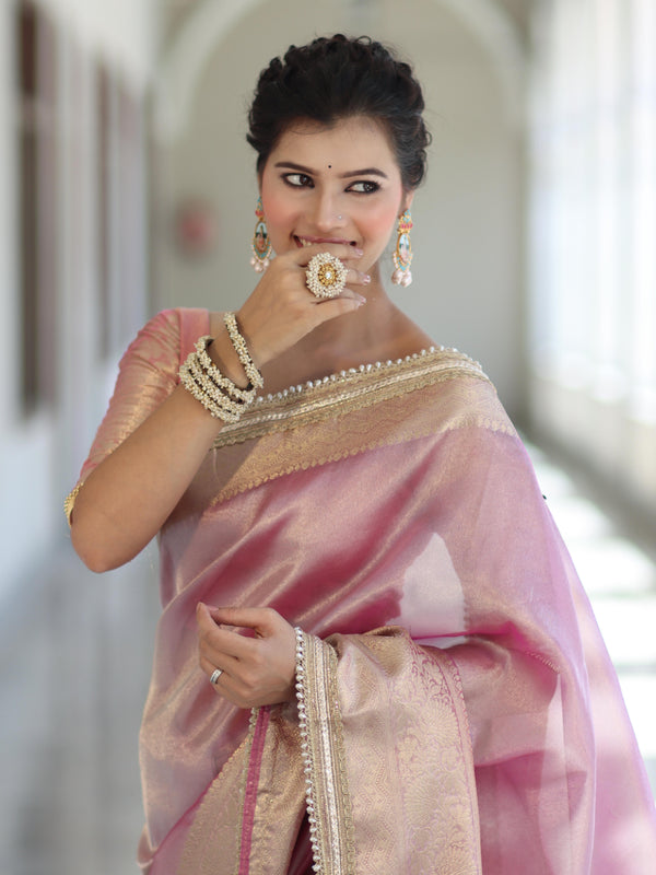 Banarasee Handwoven Plain Tissue Saree With Zari Border & Lace-Light Pink