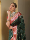 Banarasee Handwoven Semi Muga Zari Saree With Contrast Border & Lace-Green & Red