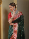 Banarasee Handwoven Semi Muga Zari Saree With Contrast Border & Lace-Green & Red