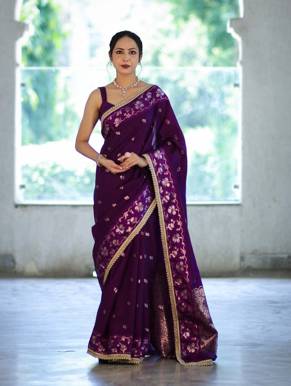 Banarasee Handloom Semi Silk Saree With Buti Design Zari Border & Lace-Violet