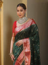 Banarasee Handwoven Semi Muga Zari Saree With Contrast Border & Lace-Green & Red