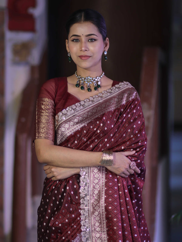 Banarasee Handloom Mashru Silk Saree With Zari Buti Design & Lace Border-Burgundy