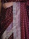 Banarasee Handloom Mashru Silk Saree With Zari Buti Design & Lace Border-Burgundy