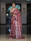 Bhagalpur Handloom Pure Linen Cotton Zig-Zag Pattern Saree-Maroon & White