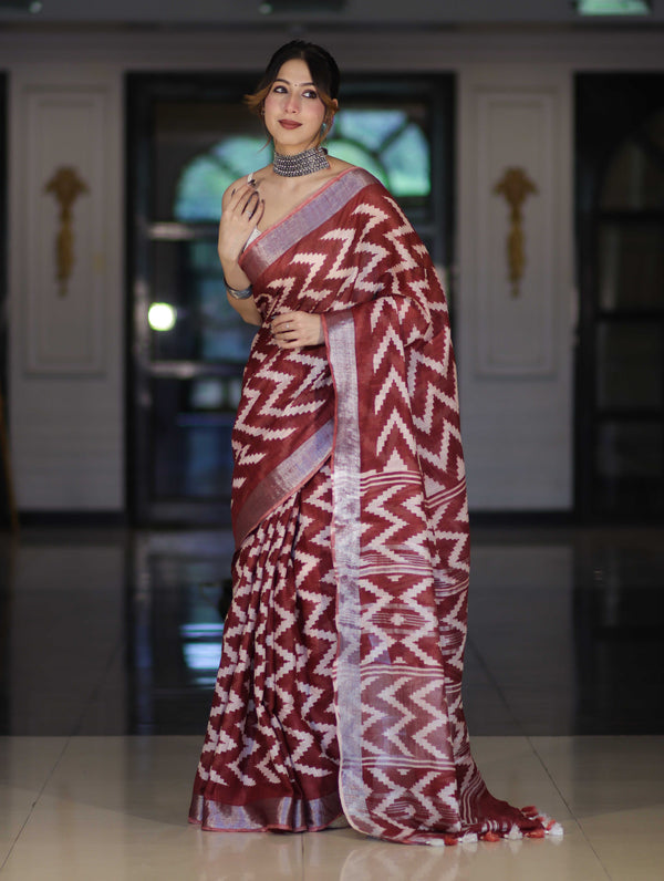 Bhagalpur Handloom Pure Linen Cotton Zig-Zag Pattern Saree-Maroon & White