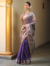Banarasee Handwoven Plain Tissue Saree With Zari Border & Lace-Purple