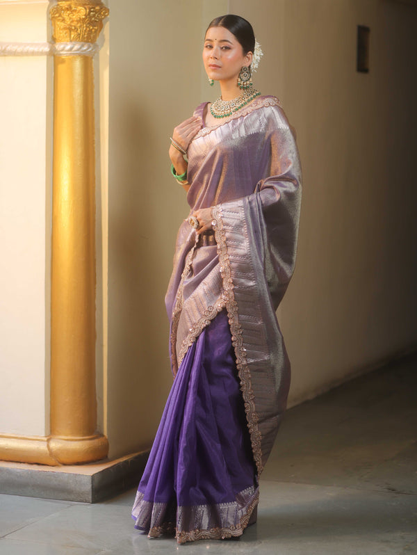 Banarasee Handwoven Plain Tissue Saree With Zari Border & Lace-Purple