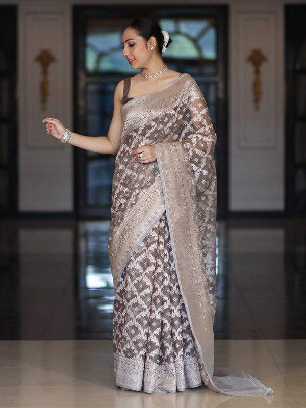 Banarasee Handloom Pure Cotton Silk Saree With Zari Jaal Design-Brown