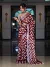 Bhagalpur Handloom Pure Linen Cotton Zig-Zag Pattern Saree-Maroon & White