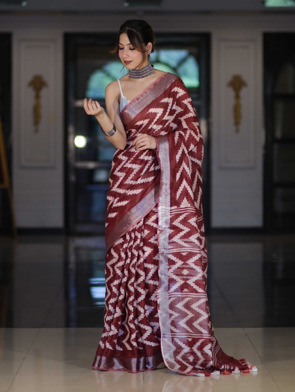 Bhagalpur Handloom Pure Linen Cotton Zig-Zag Pattern Saree-Maroon & White