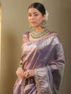 Banarasee Handwoven Plain Tissue Saree With Zari Border & Lace-Purple
