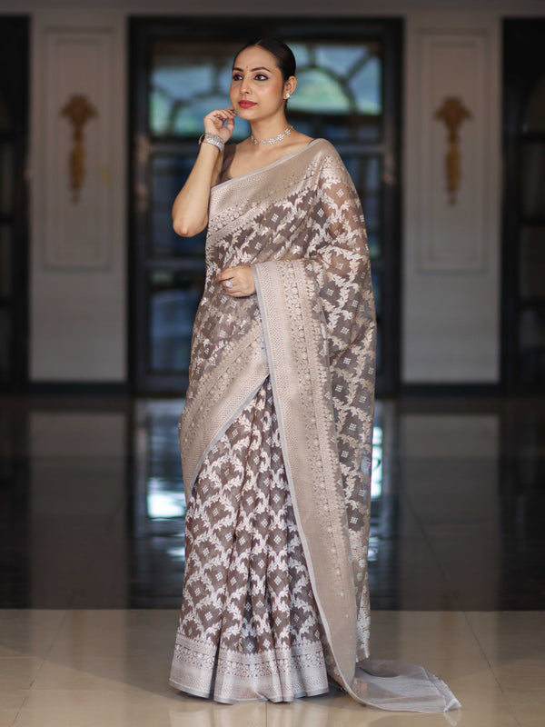Banarasee Handloom Pure Cotton Silk Saree With Zari Jaal Design-Brown