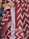 Bhagalpur Handloom Pure Linen Cotton Zig-Zag Pattern Saree-Maroon & White