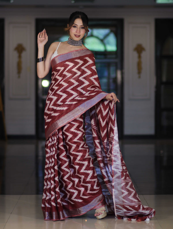 Bhagalpur Handloom Pure Linen Cotton Zig-Zag Pattern Saree-Maroon & White