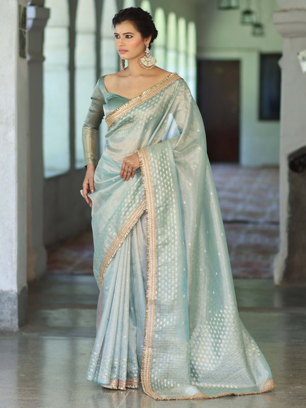 Banarasee Handwoven Tissue Saree With Zari Buti Design & Lace-Pastel Blue