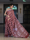 Bhagalpur Handloom Pure Linen Cotton Zig-Zag Pattern Saree-Maroon & White