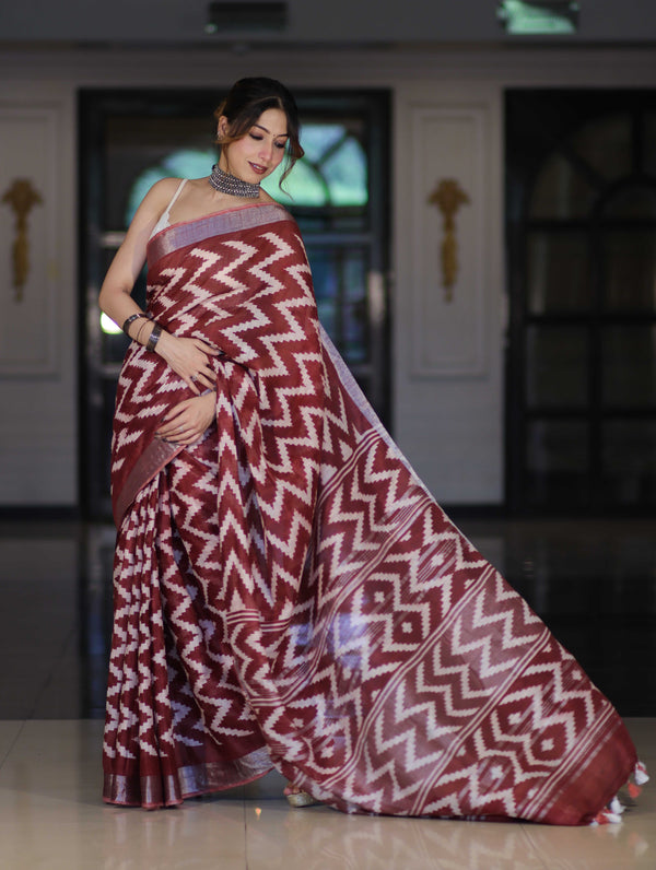 Bhagalpur Handloom Pure Linen Cotton Zig-Zag Pattern Saree-Maroon & White