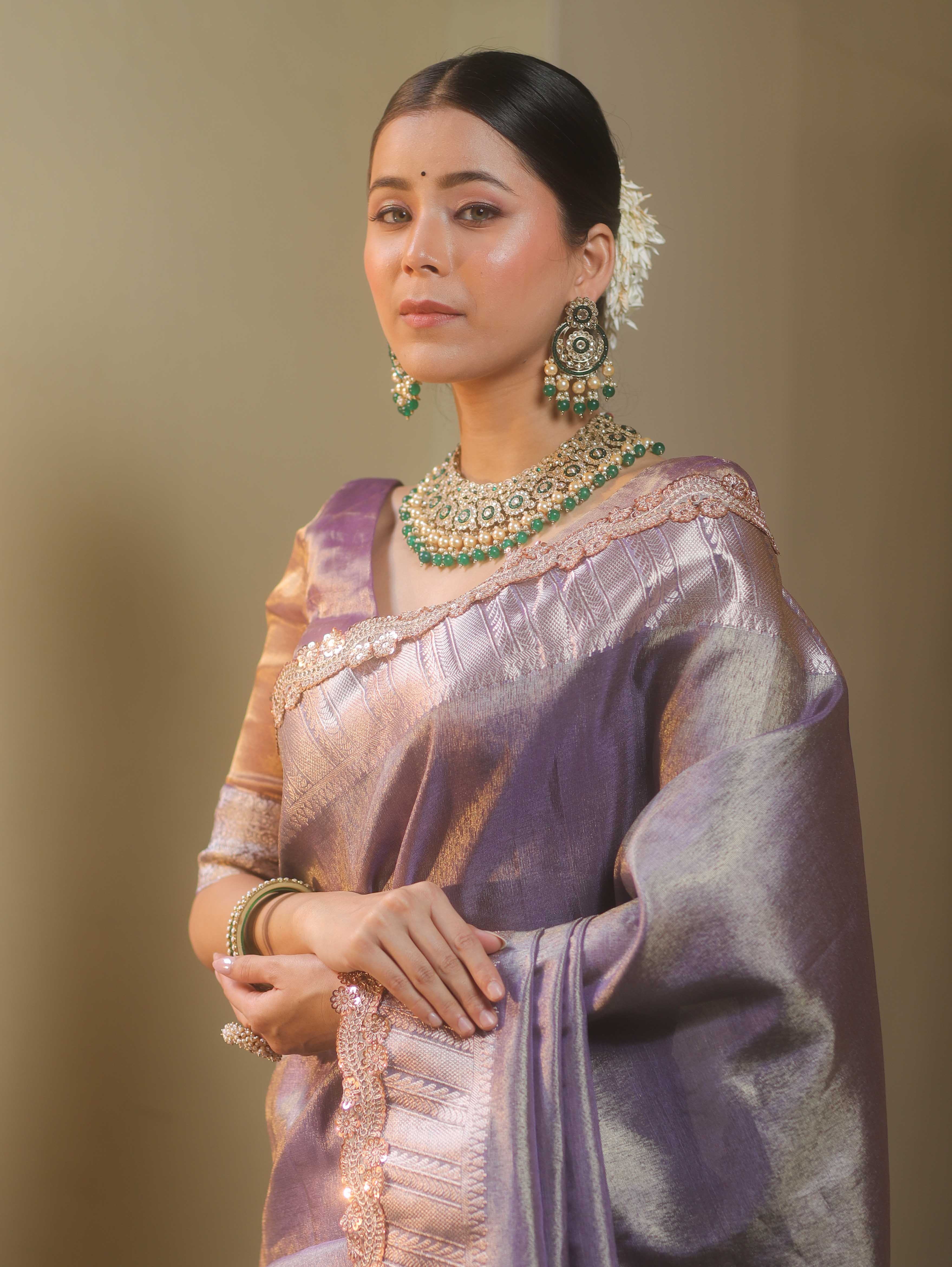 Banarasee Handwoven Plain Tissue Saree With Zari Border & Lace-Purple