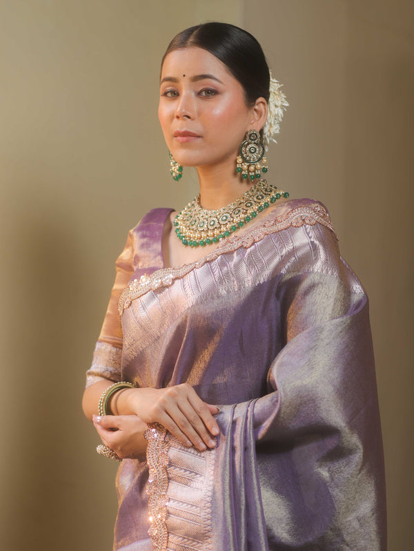 Banarasee Handwoven Plain Tissue Saree With Zari Border & Lace-Purple